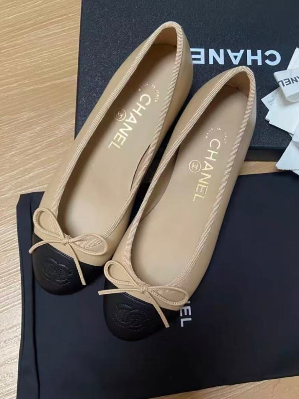Chanel Beige & Black Cap Toe Bow Ballet Flats